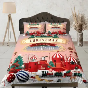 Christmas coral pink duvet cover set, christmas full size bedding & pillowcase, college bedding, toddler bedding, holiday gift room decor