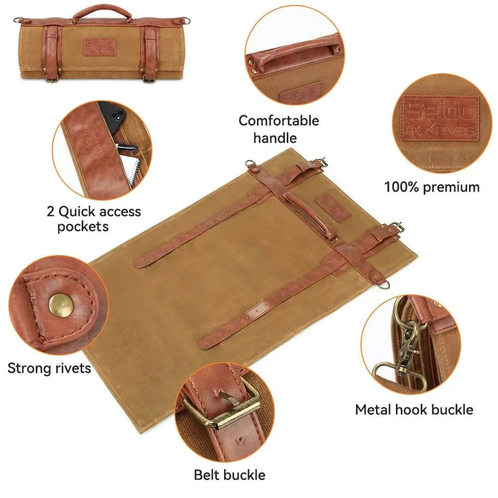 Classic Knife Roll Bag, Heavy Duty Canvas & Leather