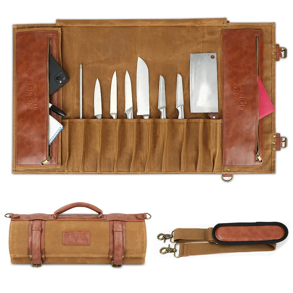 Classic Knife Roll Bag, Heavy Duty Canvas & Leather