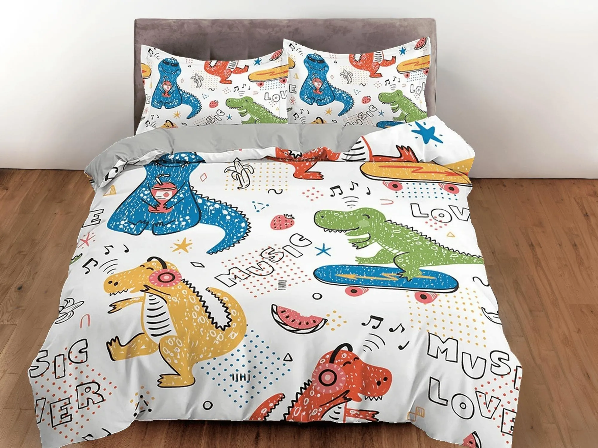 Colorful Dinosaurs Music Lovers, Cool Toddler Bedding, Unique Duvet Cover for Kids, Crib Bedding, Baby Zipper Bedding, King Queen Full Twin