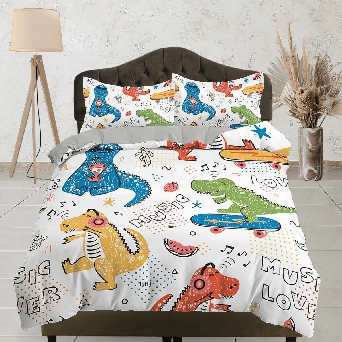 Colorful Dinosaurs Music Lovers, Cool Toddler Bedding, Unique Duvet Cover for Kids, Crib Bedding, Baby Zipper Bedding, King Queen Full Twin