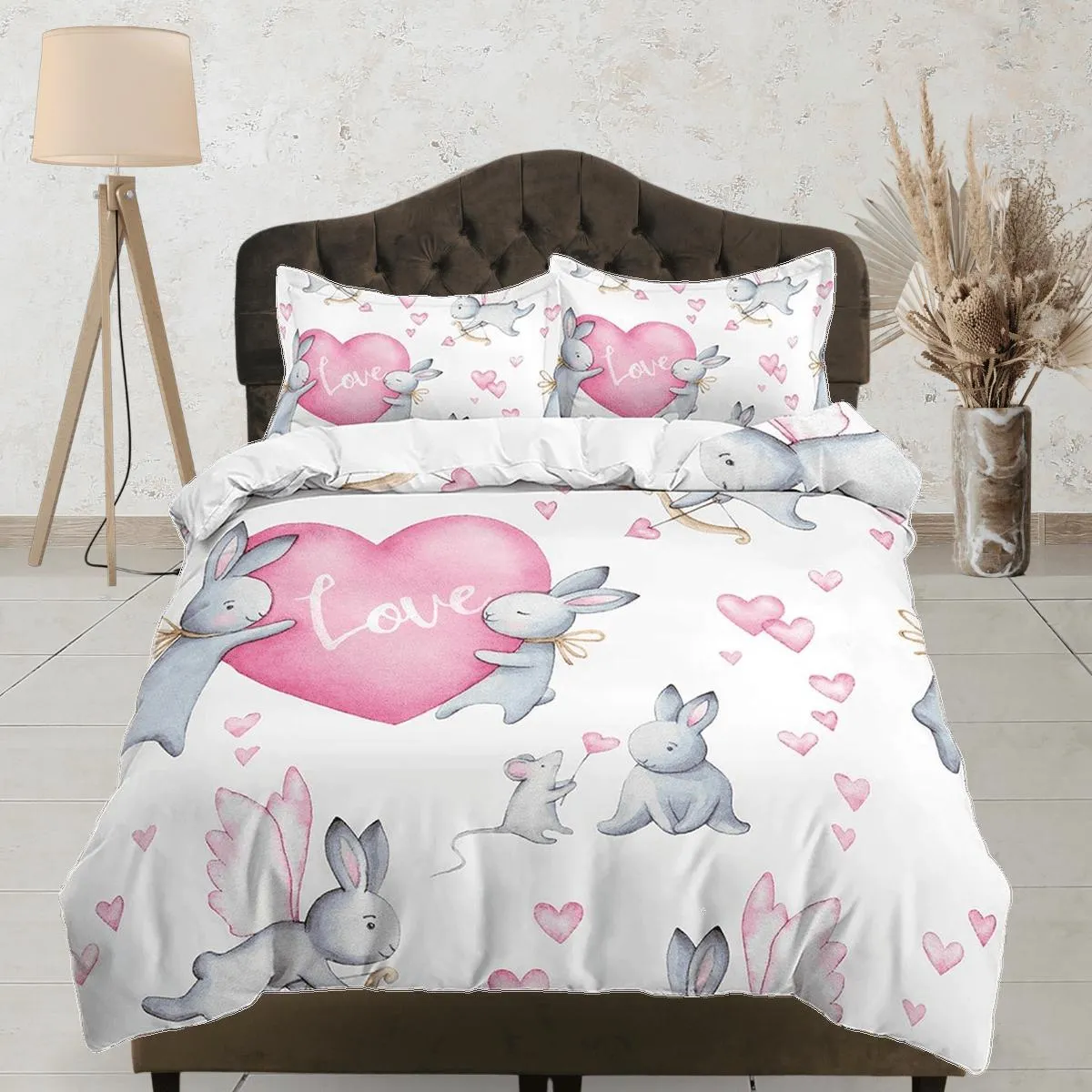 Cute Bunny and Hearts Bedding, Duvet Cover Set & Pillowcase, Zipper Bedding, Dorm Bedding, Teens Adult Duvet King Queen Full Twin Single