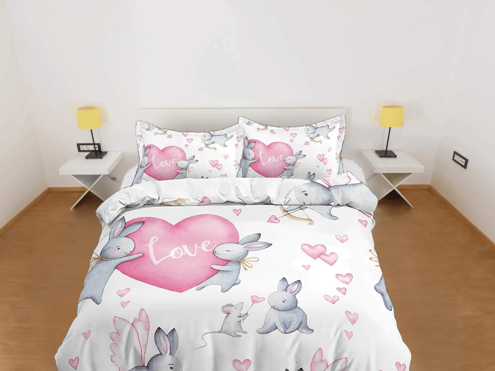 Cute Bunny and Hearts Bedding, Duvet Cover Set & Pillowcase, Zipper Bedding, Dorm Bedding, Teens Adult Duvet King Queen Full Twin Single