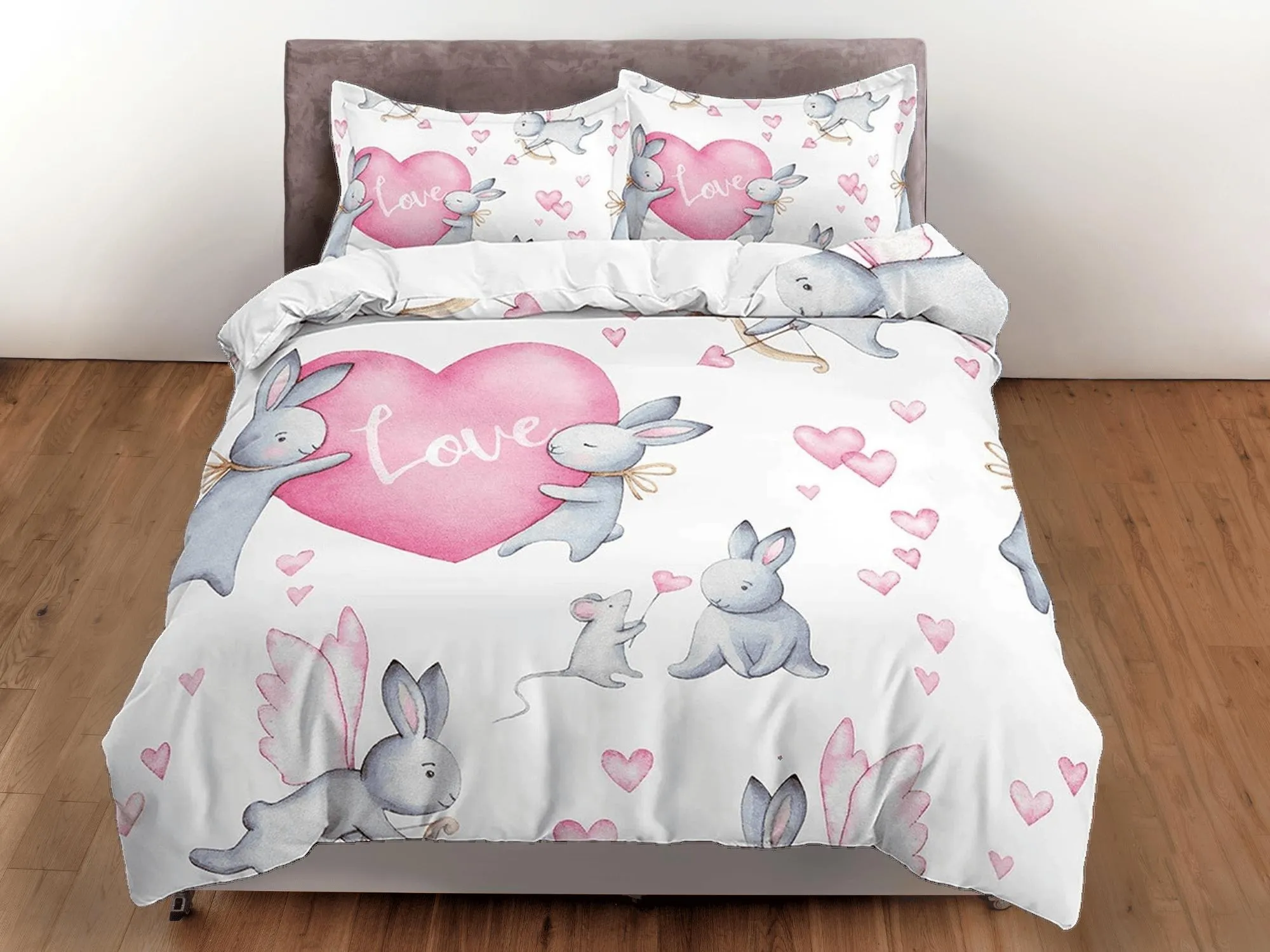 Cute Bunny and Hearts Bedding, Duvet Cover Set & Pillowcase, Zipper Bedding, Dorm Bedding, Teens Adult Duvet King Queen Full Twin Single