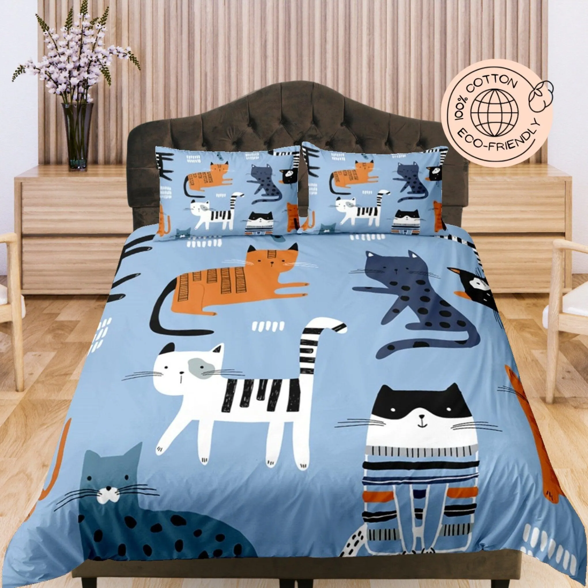 Cute Cats Relaxing, Blue Cotton Duvet Cover Set for Kids, Toddler Bedding, Baby Zipper Bedding, Nursery Cotton Bedding, Crib Blanket