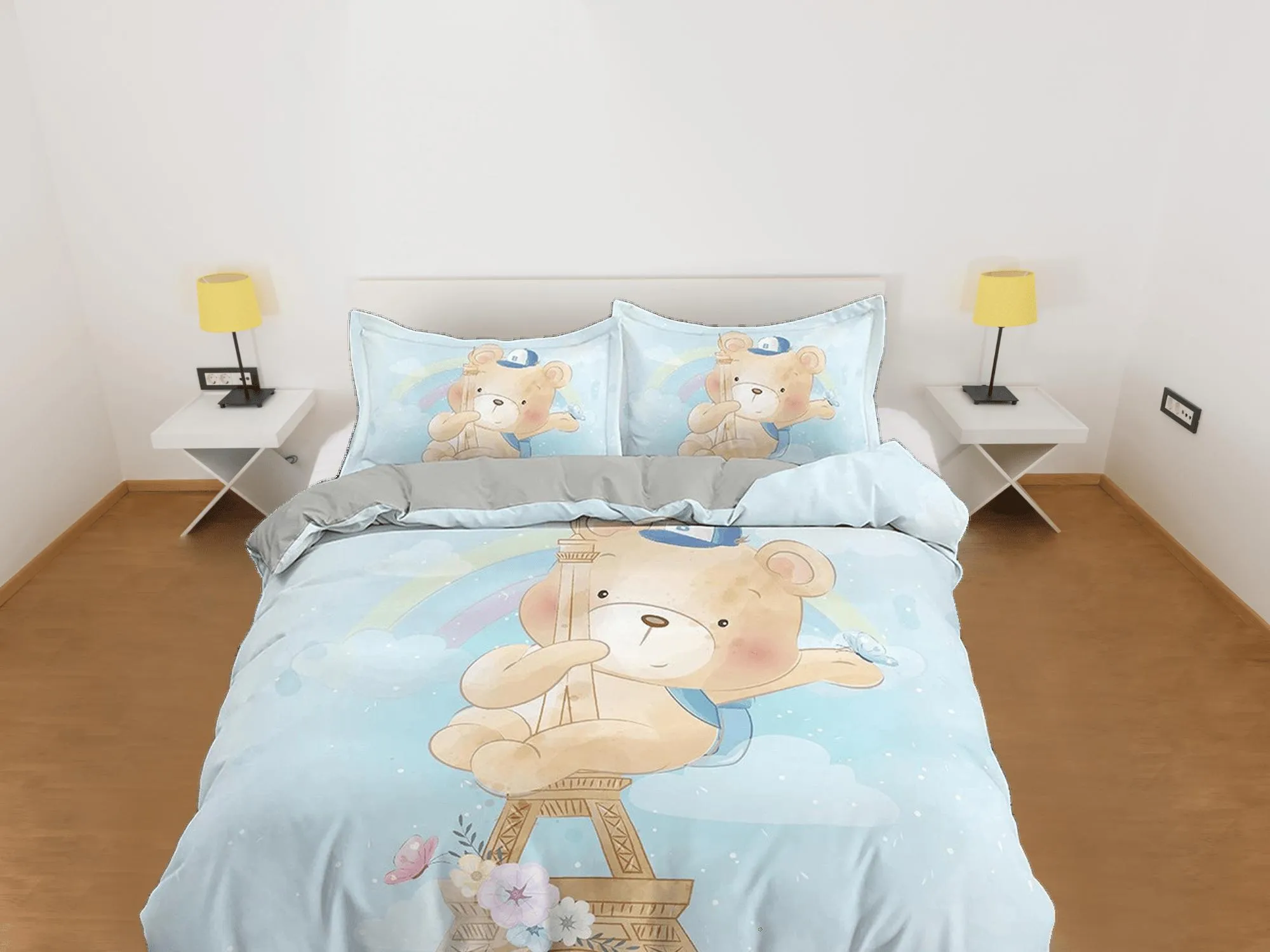 Cute Teddy Bear in Eiffel Tower Bedding, Duvet Cover Set, Zipper Bedding, Dorm Bedding, Teens Adult Duvet King Queen Full Twin Single