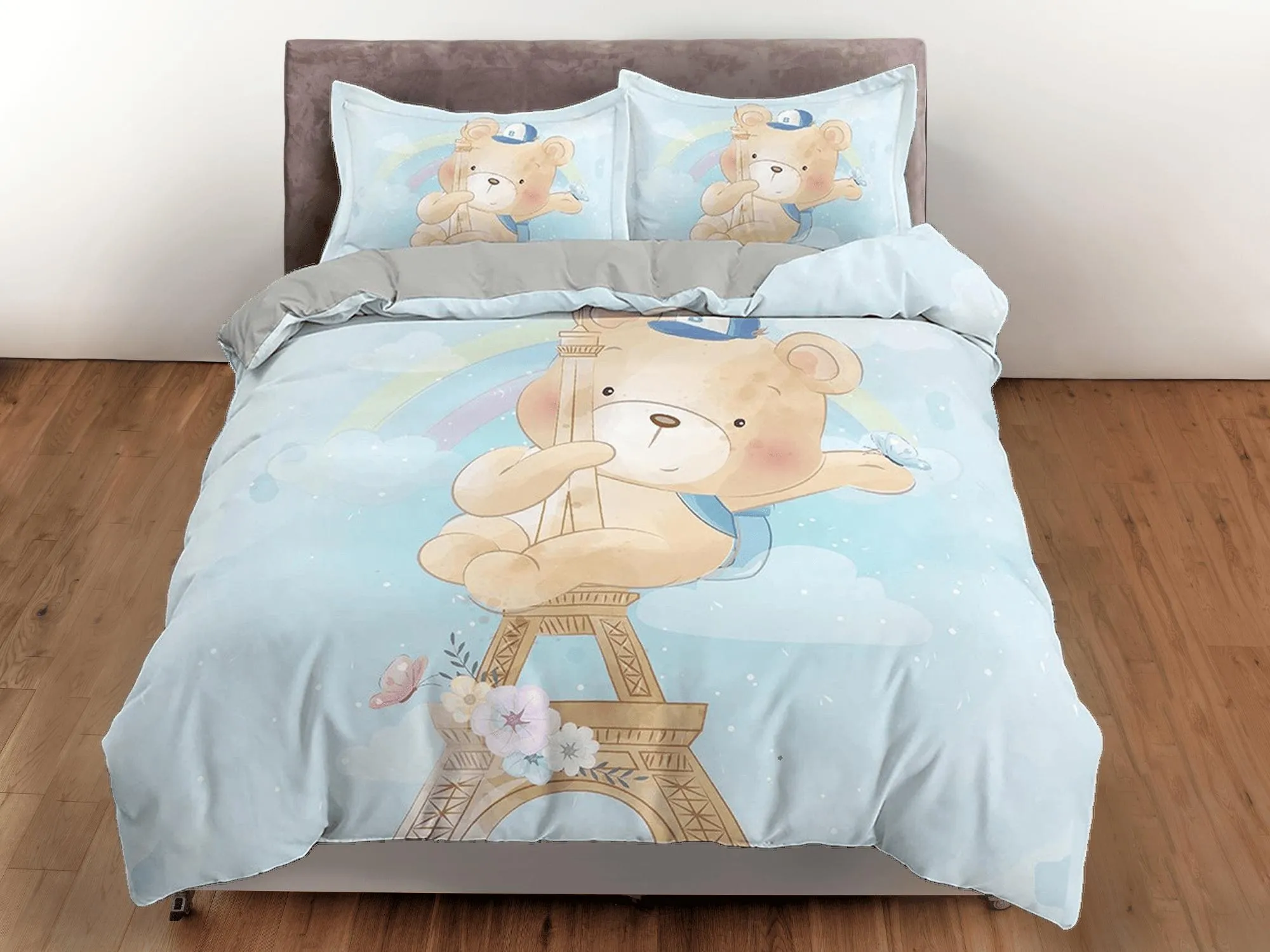 Cute Teddy Bear in Eiffel Tower Bedding, Duvet Cover Set, Zipper Bedding, Dorm Bedding, Teens Adult Duvet King Queen Full Twin Single