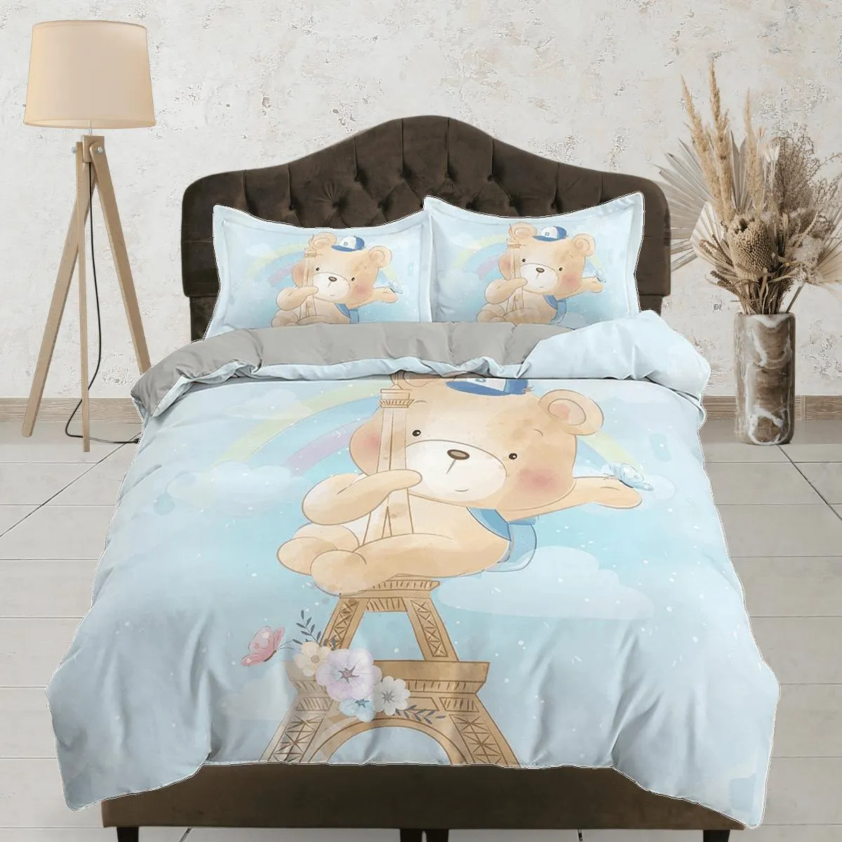 Cute Teddy Bear in Eiffel Tower Bedding, Duvet Cover Set, Zipper Bedding, Dorm Bedding, Teens Adult Duvet King Queen Full Twin Single