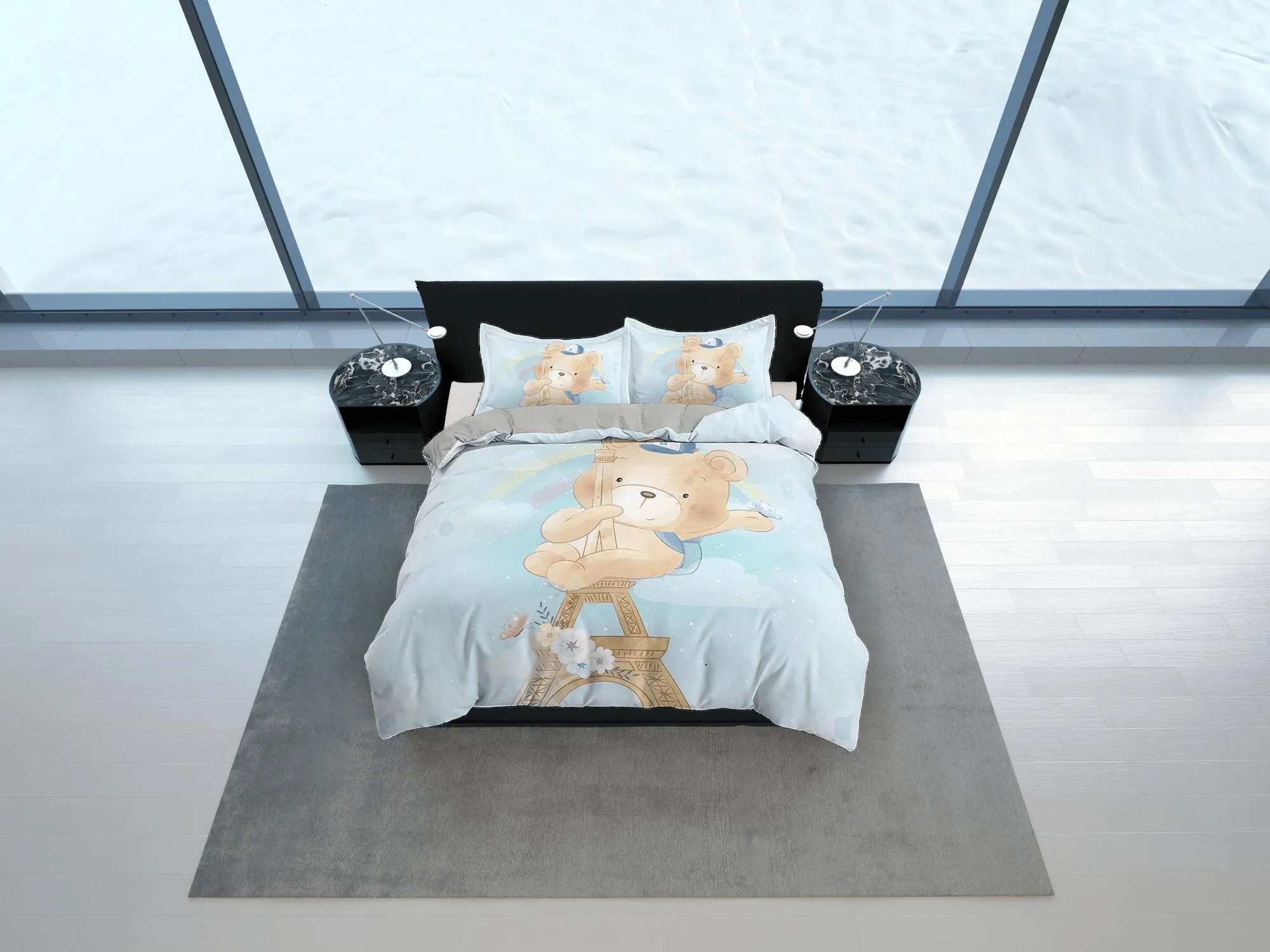 Cute Teddy Bear in Eiffel Tower Bedding, Duvet Cover Set, Zipper Bedding, Dorm Bedding, Teens Adult Duvet King Queen Full Twin Single