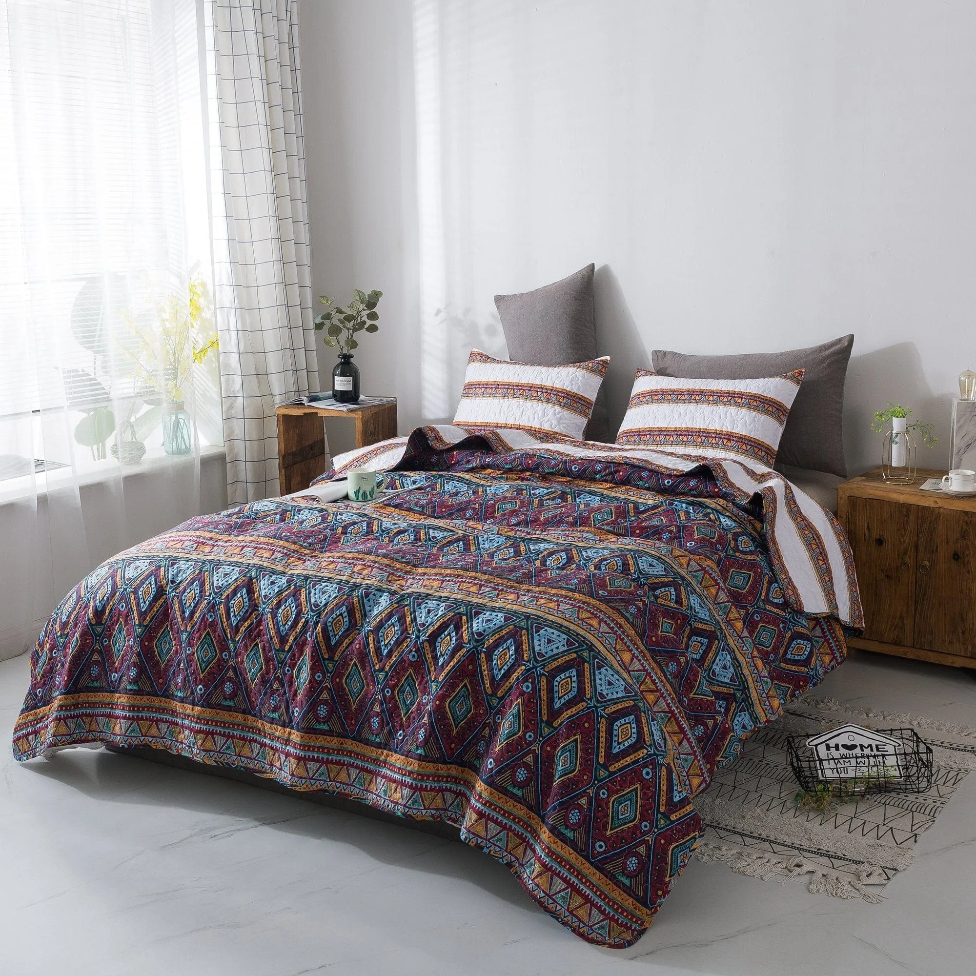 DaDa Bedding Southwestern Aztec Bohemian Desert Tribal Quilted Bedspread Set (KSX-002)