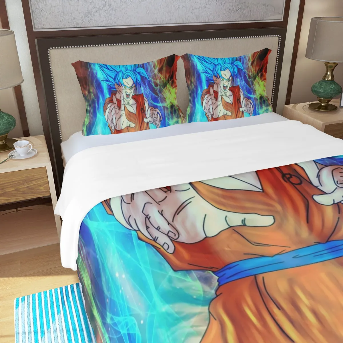 DBZ Goku Super Saiyan God Blue SSGSS Power Aura Fire Theme Design Three Piece Duvet Cover Set