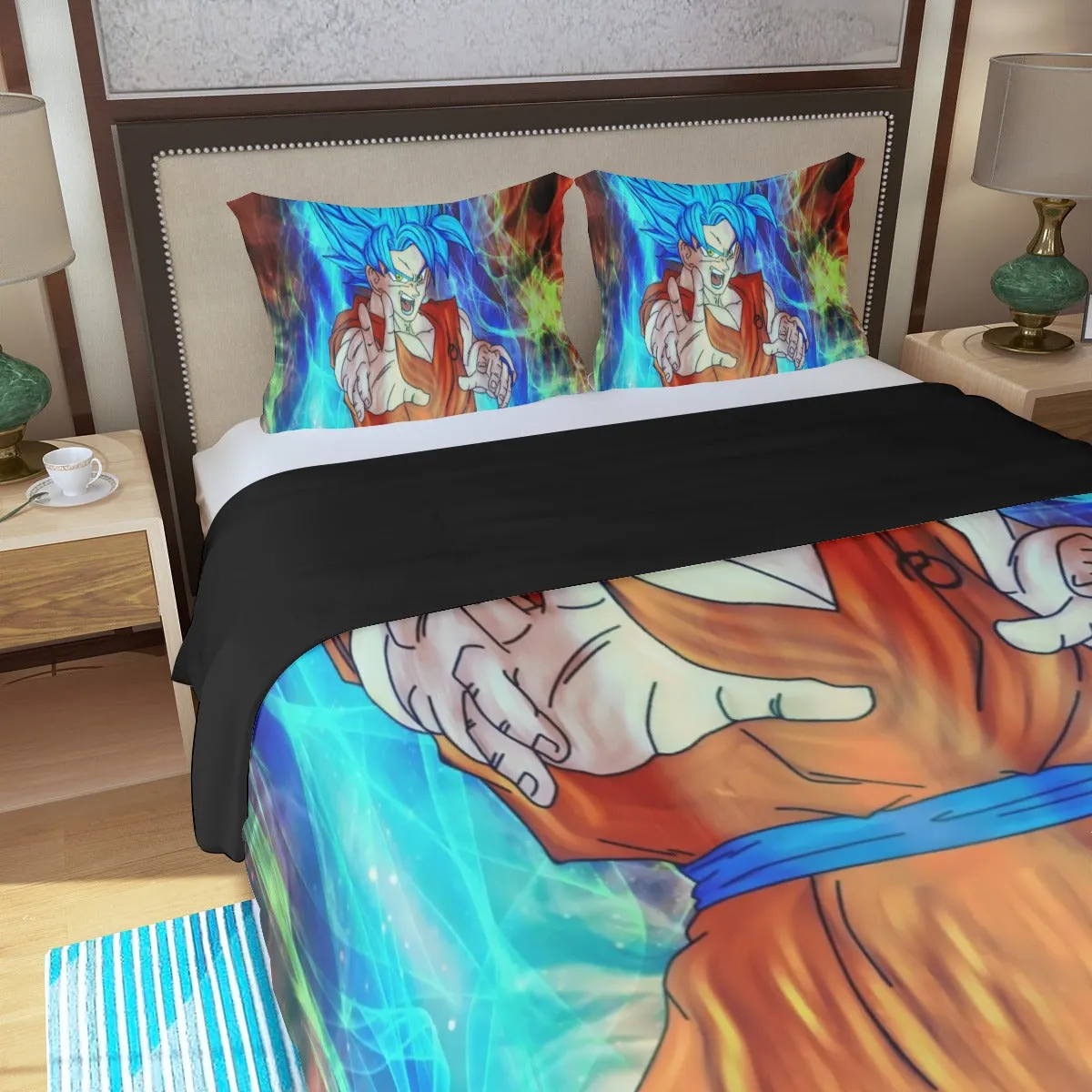 DBZ Goku Super Saiyan God Blue SSGSS Power Aura Fire Theme Design Three Piece Duvet Cover Set