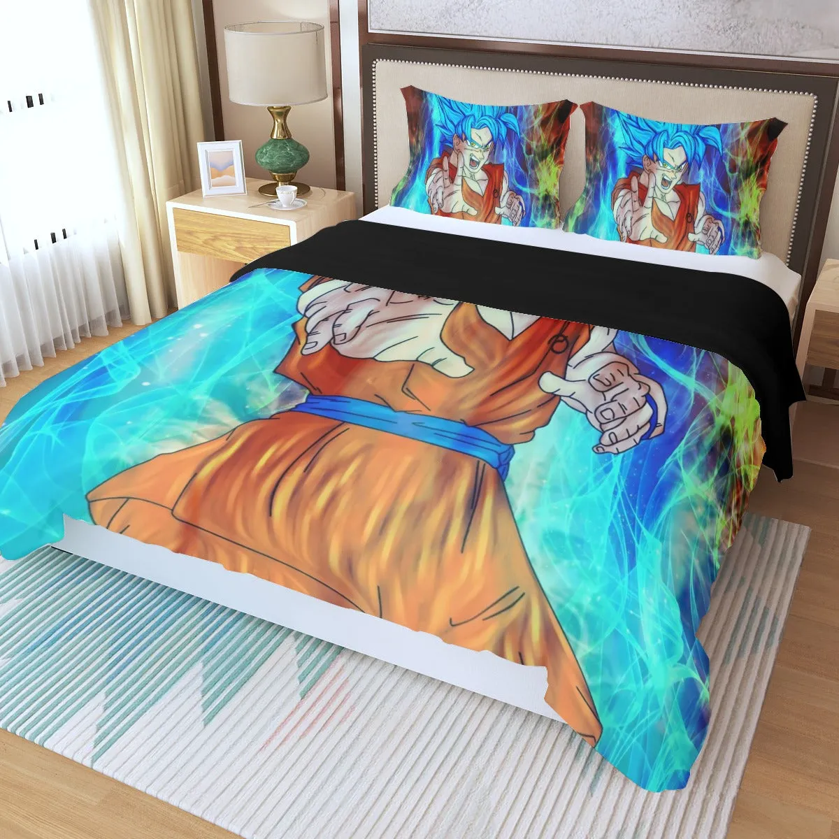 DBZ Goku Super Saiyan God Blue SSGSS Power Aura Fire Theme Design Three Piece Duvet Cover Set