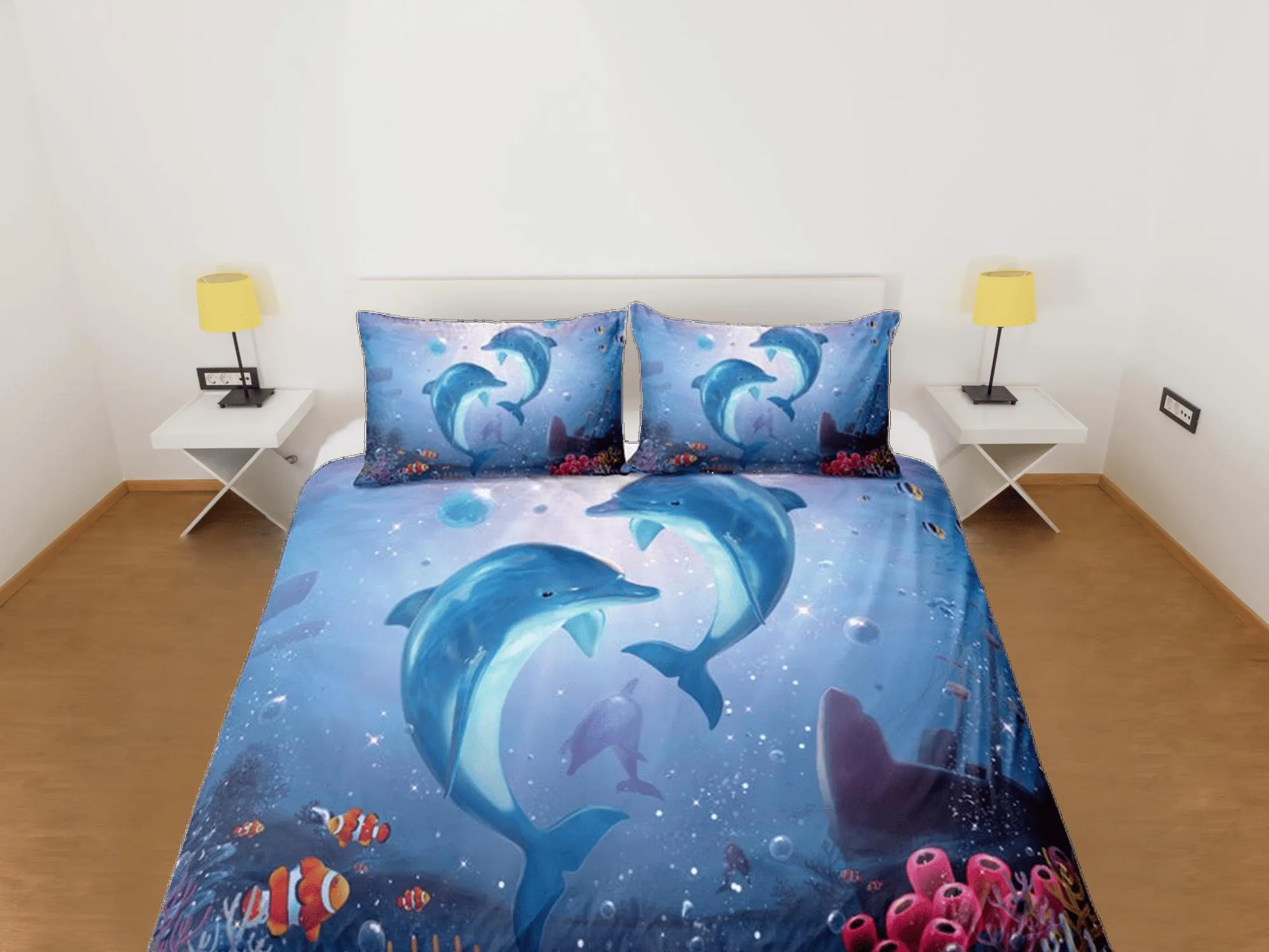 Dolphins & clownfish bedding duvet cover, ocean blush decor bottle nose dolphin bedding set full king queen twin, college dorm bedding gift