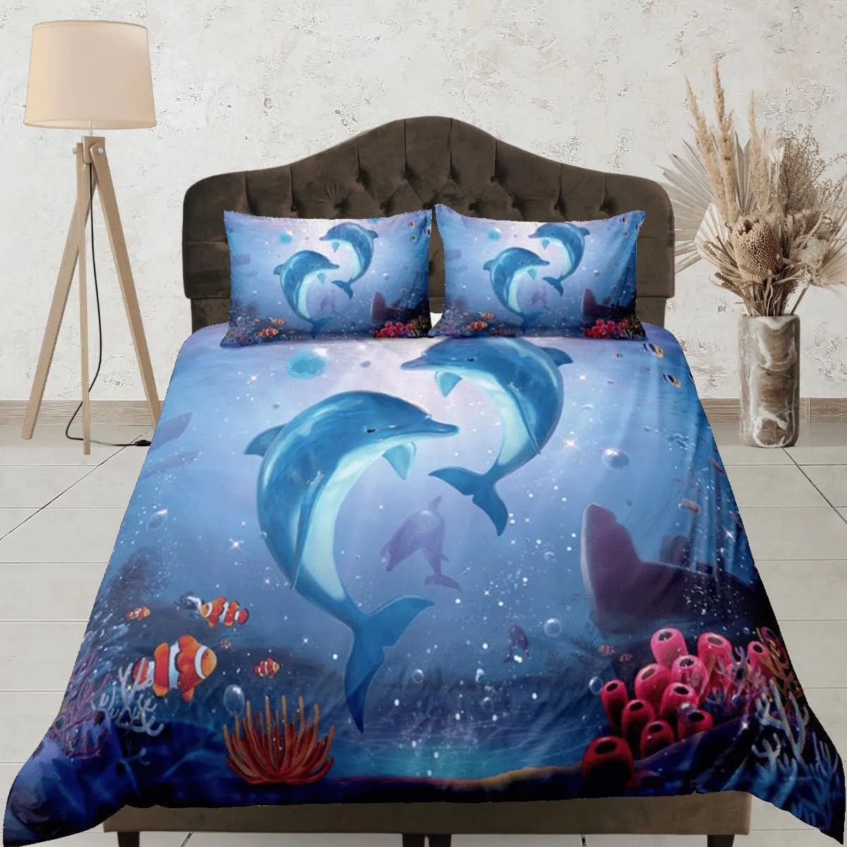 Dolphins & clownfish bedding duvet cover, ocean blush decor bottle nose dolphin bedding set full king queen twin, college dorm bedding gift