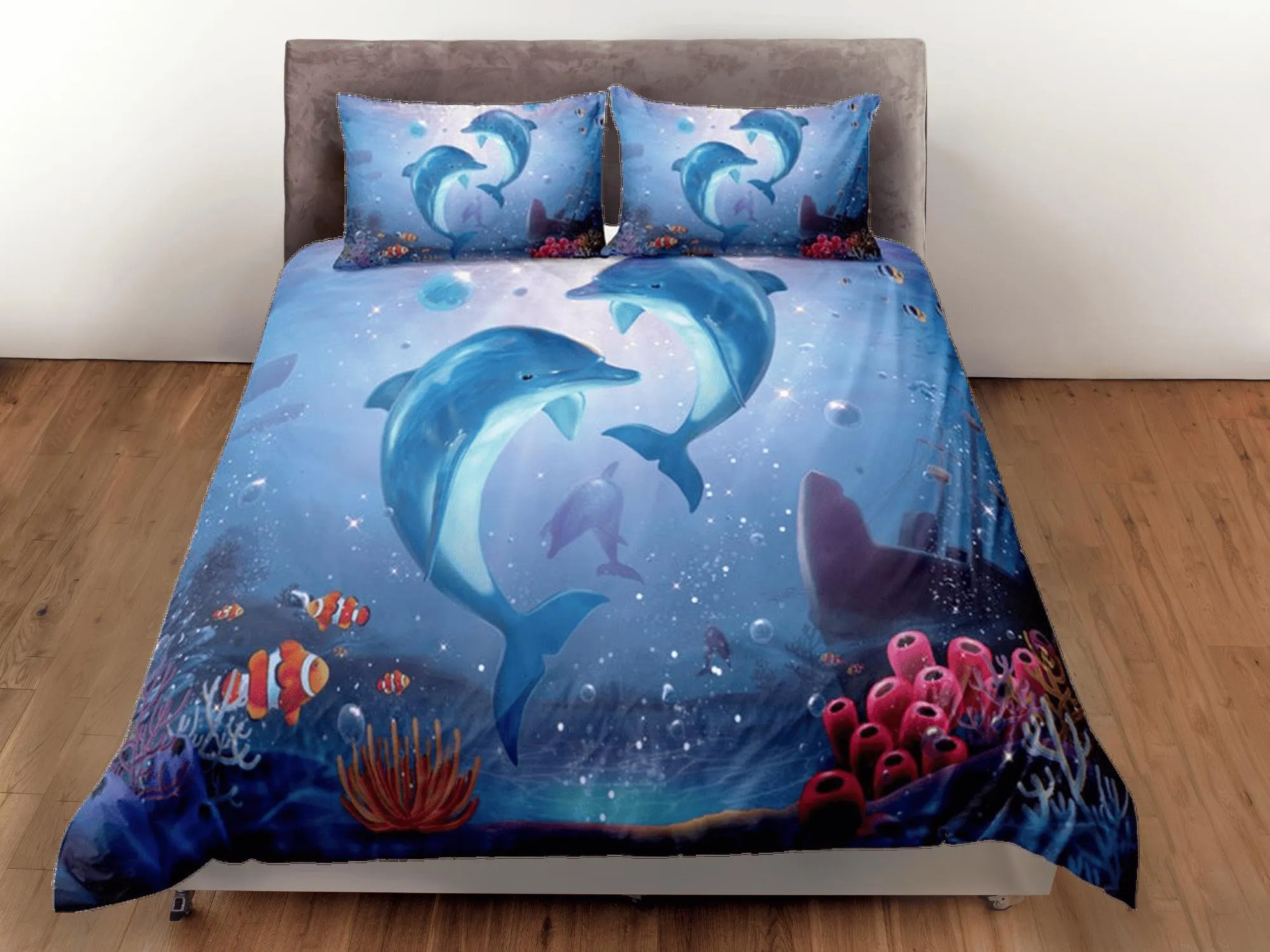 Dolphins & clownfish bedding duvet cover, ocean blush decor bottle nose dolphin bedding set full king queen twin, college dorm bedding gift