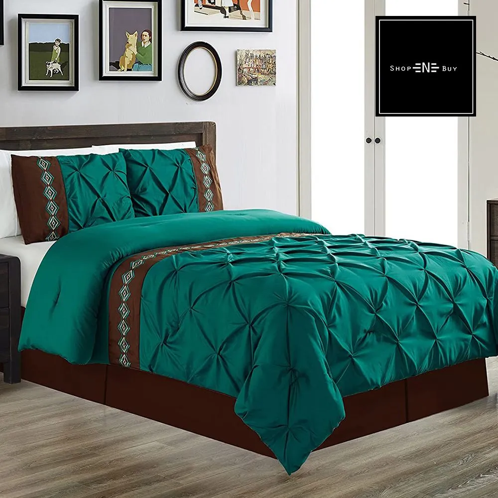 Embroidered Pintuck Duvet 8 Pieces - Green & Brown