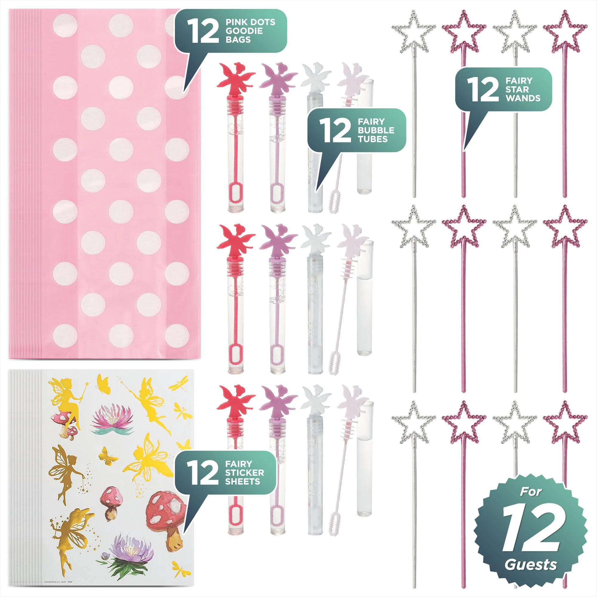 Enchanted Fairy Party Favors - Goodie Bags, Bubble Wands, Sticker Sheets, and Fairy Star Wands (1 Dozen Each)