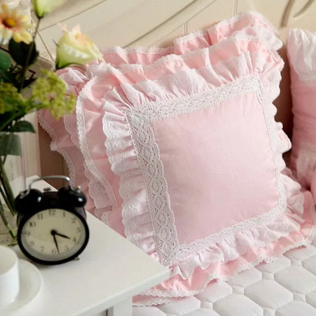 European Embroidered Cushion Cover Ruffle Lace Satin Cotton