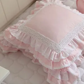 European Embroidered Cushion Cover Ruffle Lace Satin Cotton