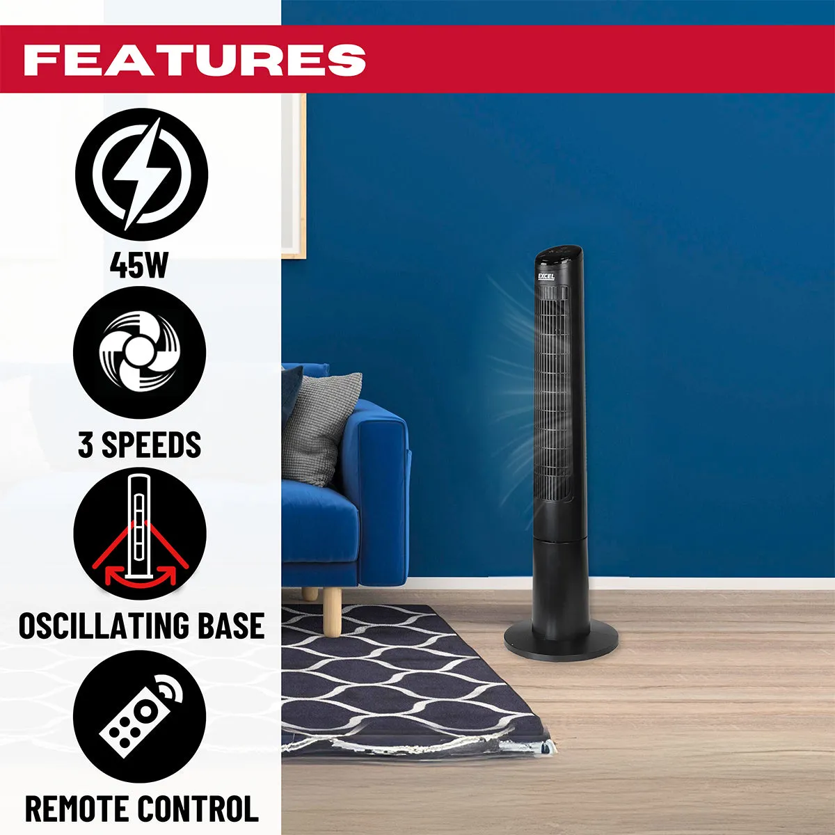 Excel 40" Tower Fan with Touch Enabled Controls and Remote Control - Black