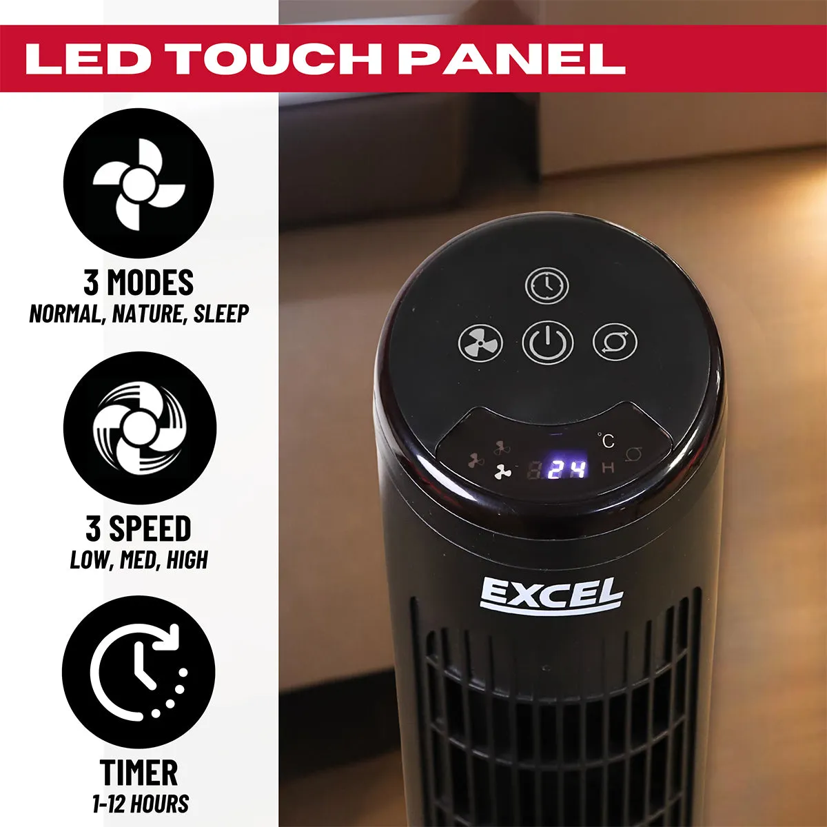 Excel 40" Tower Fan with Touch Enabled Controls and Remote Control - Black