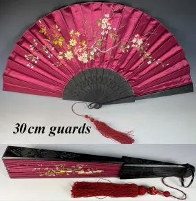 Fab Antique Victorian Napoleon III French Silk Embroidery 30cm Hand Fan Ebony Guards, Sticks