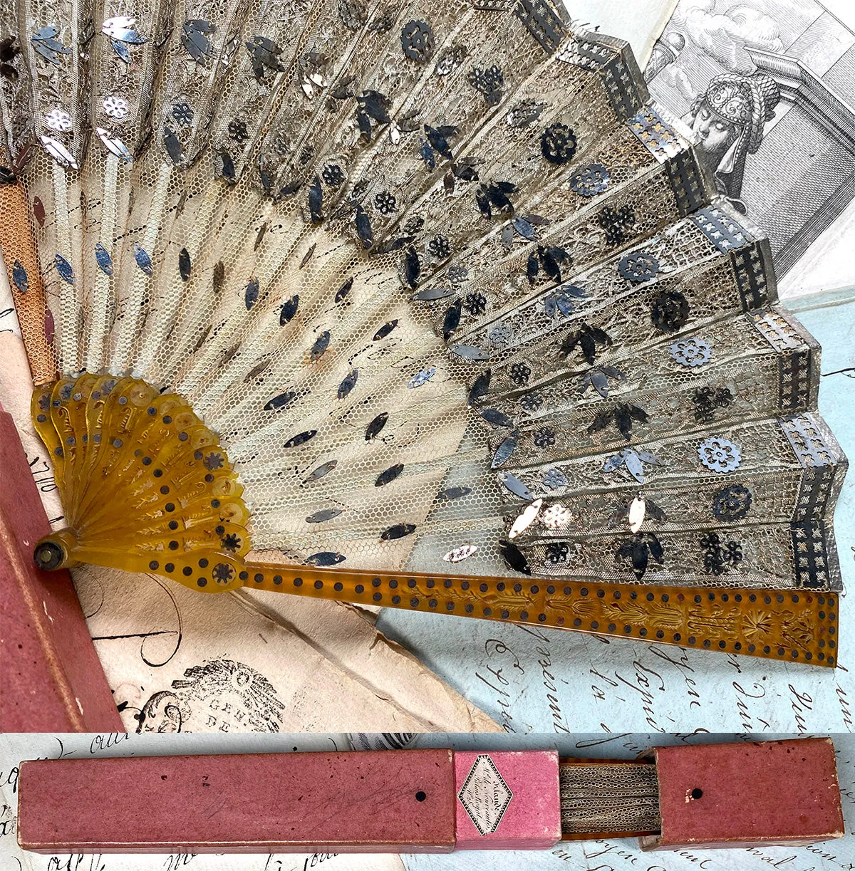 Fine Antique c.1820s French Irlande, Palais Royal Hand Fan, 16.5 cm Eventail, Horn and Tulle Embroidery and Sequins