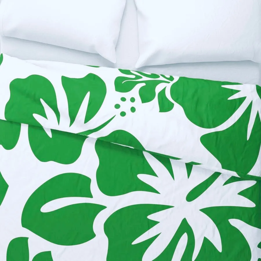 Fresh Green Hawaiian and Hibiscus Flowers on White Duvet Cover -Large Scale