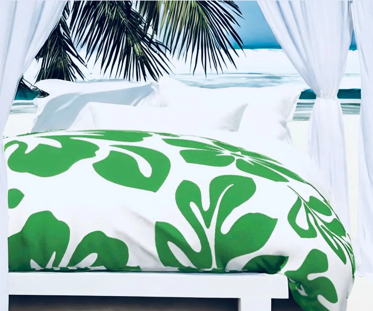 Fresh Green Hawaiian and Hibiscus Flowers on White Duvet Cover -Large Scale