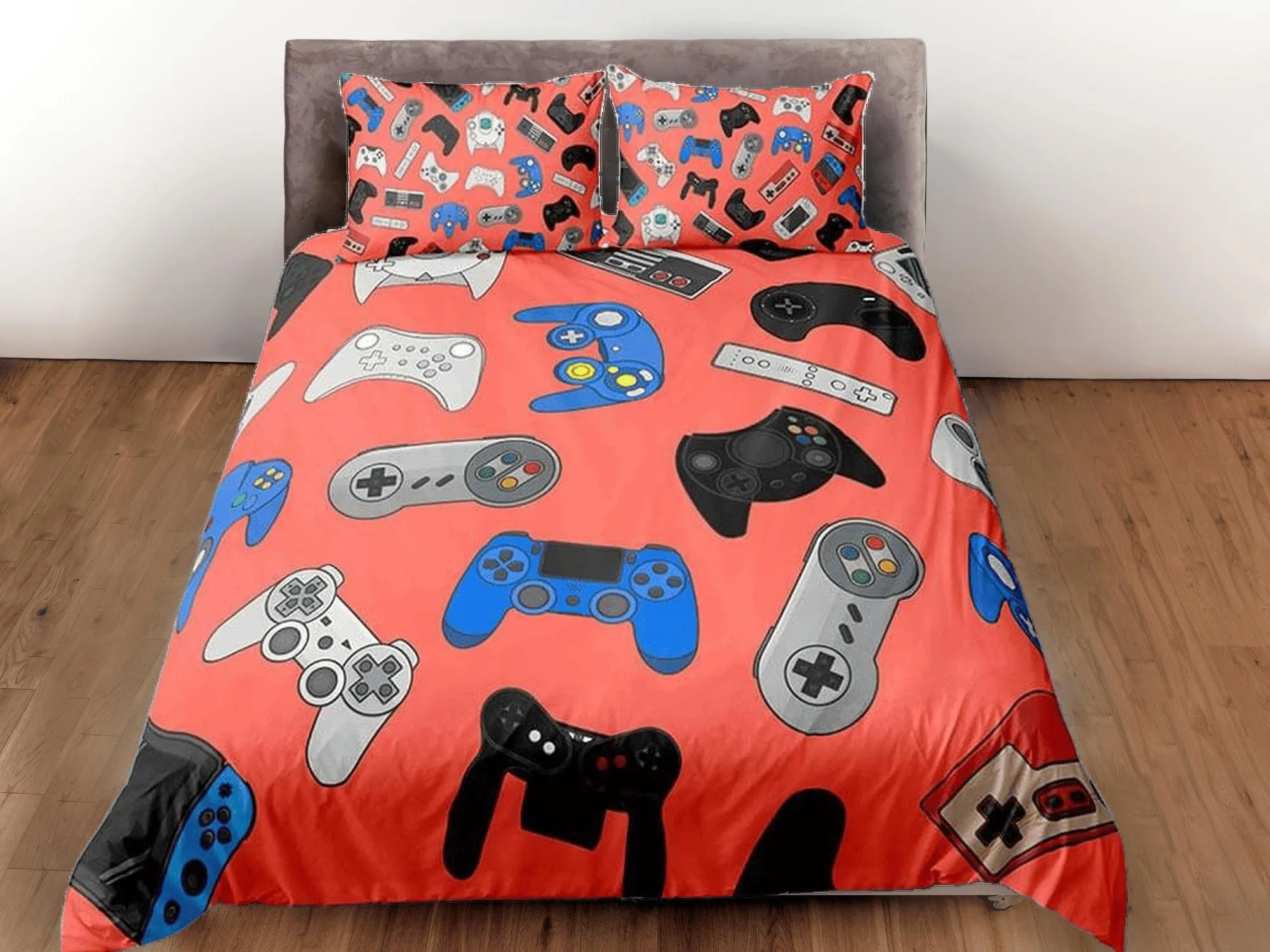 Gamer bedding coral pink duvet cover, video gamer boyfriend gift bedding set full king queen twin, boys bedroom, college dorm bedding