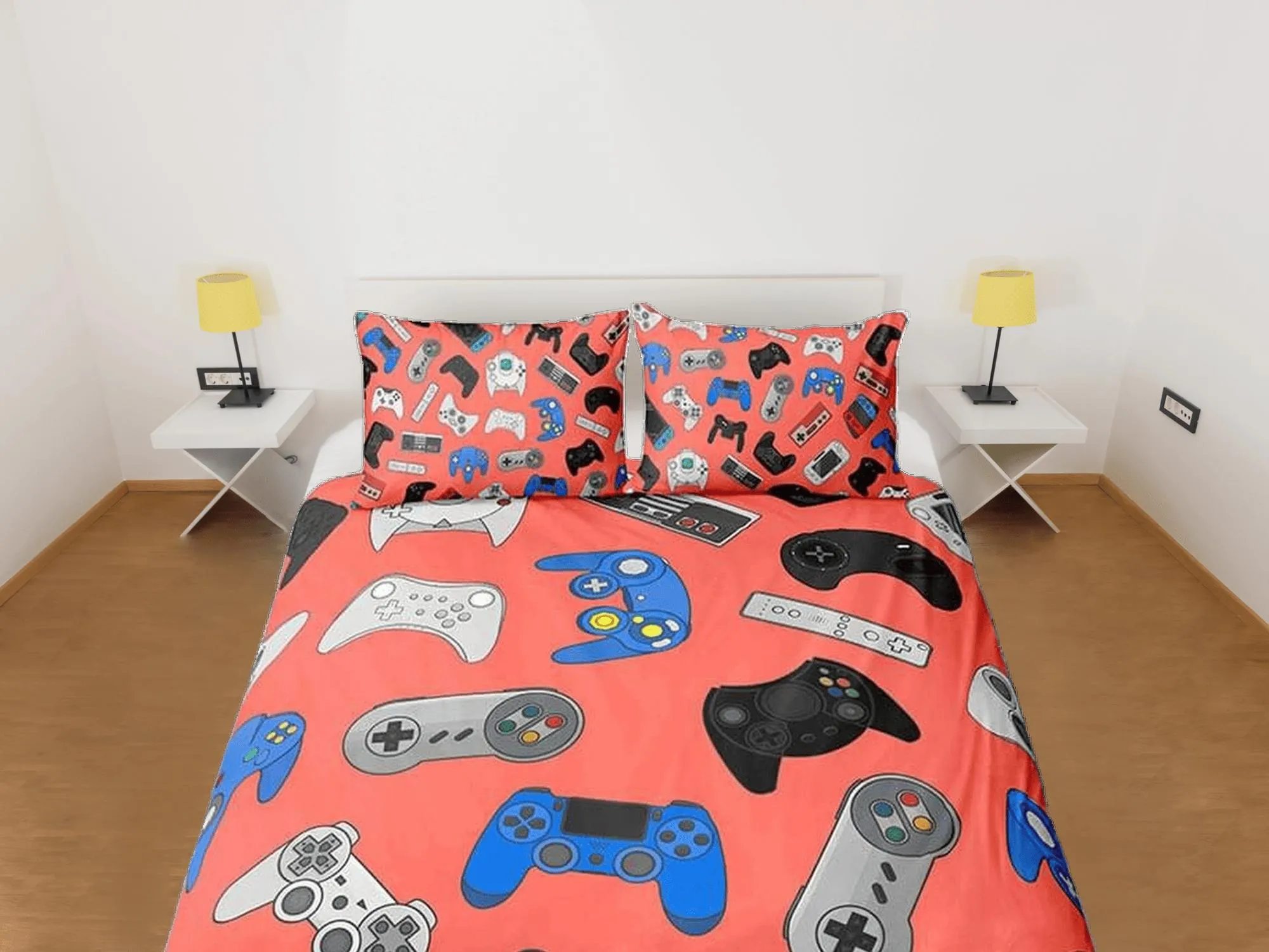 Gamer bedding coral pink duvet cover, video gamer boyfriend gift bedding set full king queen twin, boys bedroom, college dorm bedding