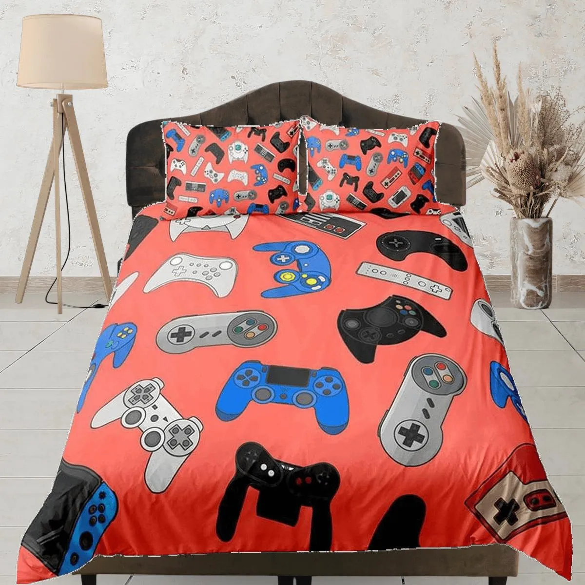 Gamer bedding coral pink duvet cover, video gamer boyfriend gift bedding set full king queen twin, boys bedroom, college dorm bedding