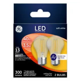 GE 23240 Clear Medium-Base A15 Dimmable LED Ceiling Fan Bulb, White, 3.5W, 2-Pk