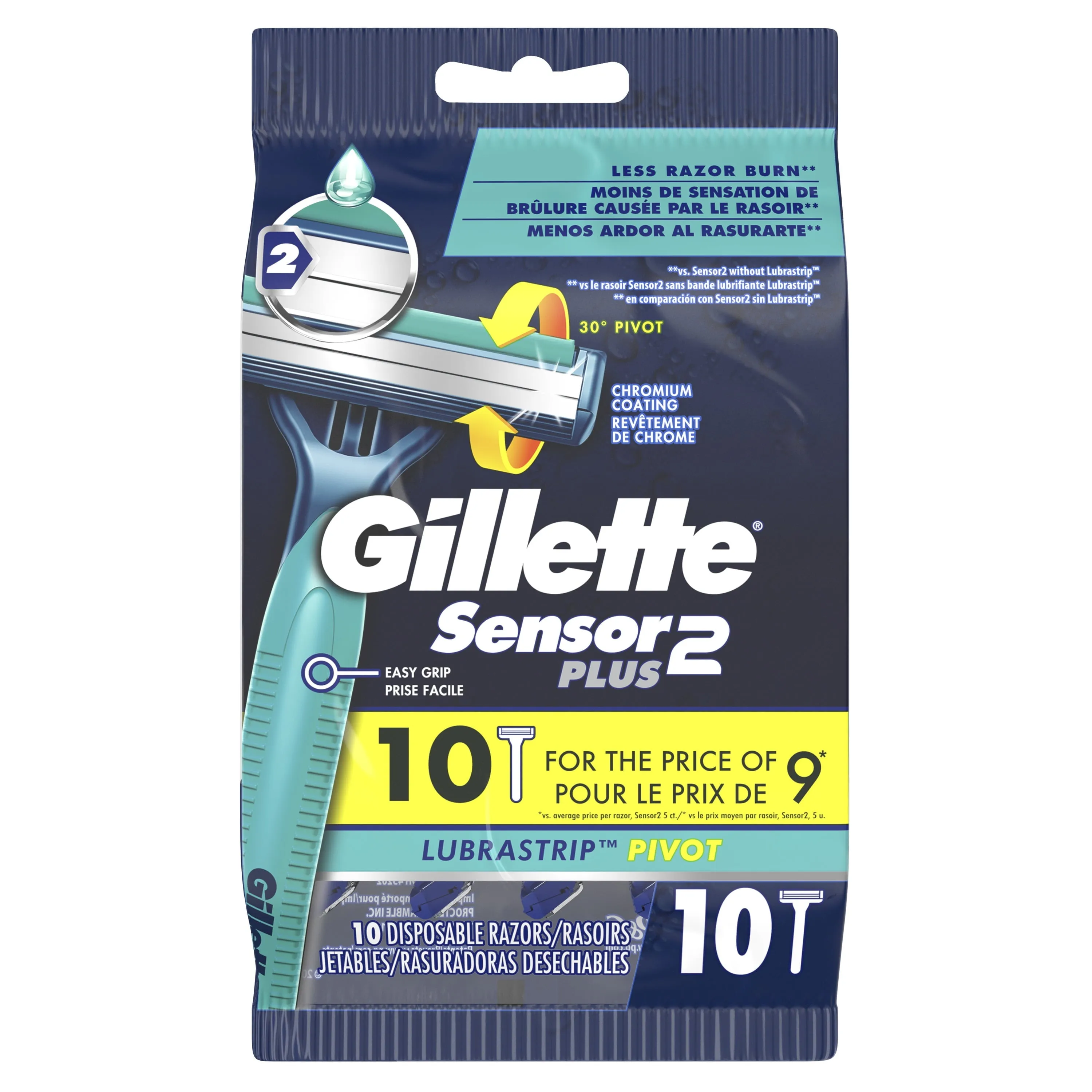 Gillette Sensor2 Plus Pivoting Head Men's Disposable Razors, Blue, 10 Count