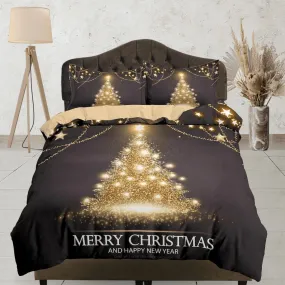 Golden Christmas tree bedding & pillowcase holiday gift duvet cover king queen full twin toddler bedding baby Christmas farmhouse decor