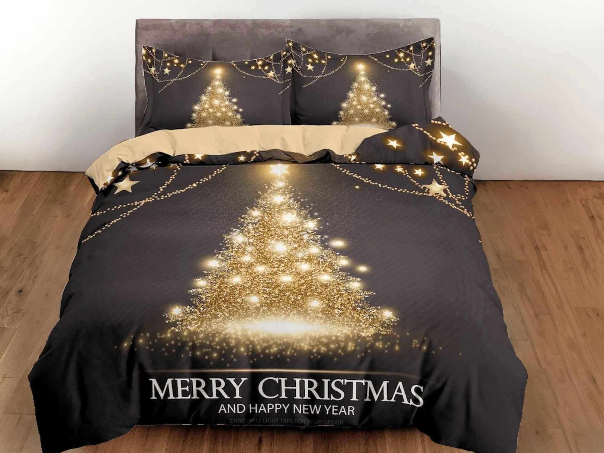 Golden Christmas tree bedding & pillowcase holiday gift duvet cover king queen full twin toddler bedding baby Christmas farmhouse decor