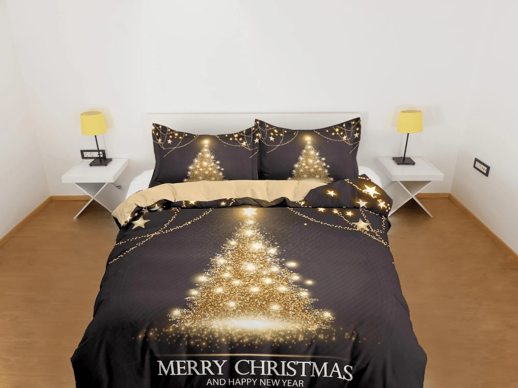 Golden Christmas tree bedding & pillowcase holiday gift duvet cover king queen full twin toddler bedding baby Christmas farmhouse decor