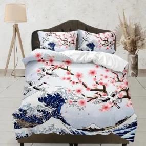 Great wave off kanagawa oriental bedding, cherry blossoms and ocean waves on japanese duvet cover set for king, queen, full, twin, single