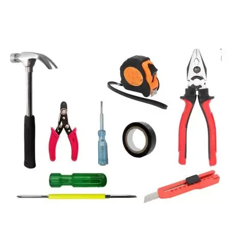 Hand Tool Kit - Plier, Claw Hammer, 2in1 Screwdriver, Wire Cutter, Measuring Tape, Line Tester, Electrical Tape, Paper Cutter