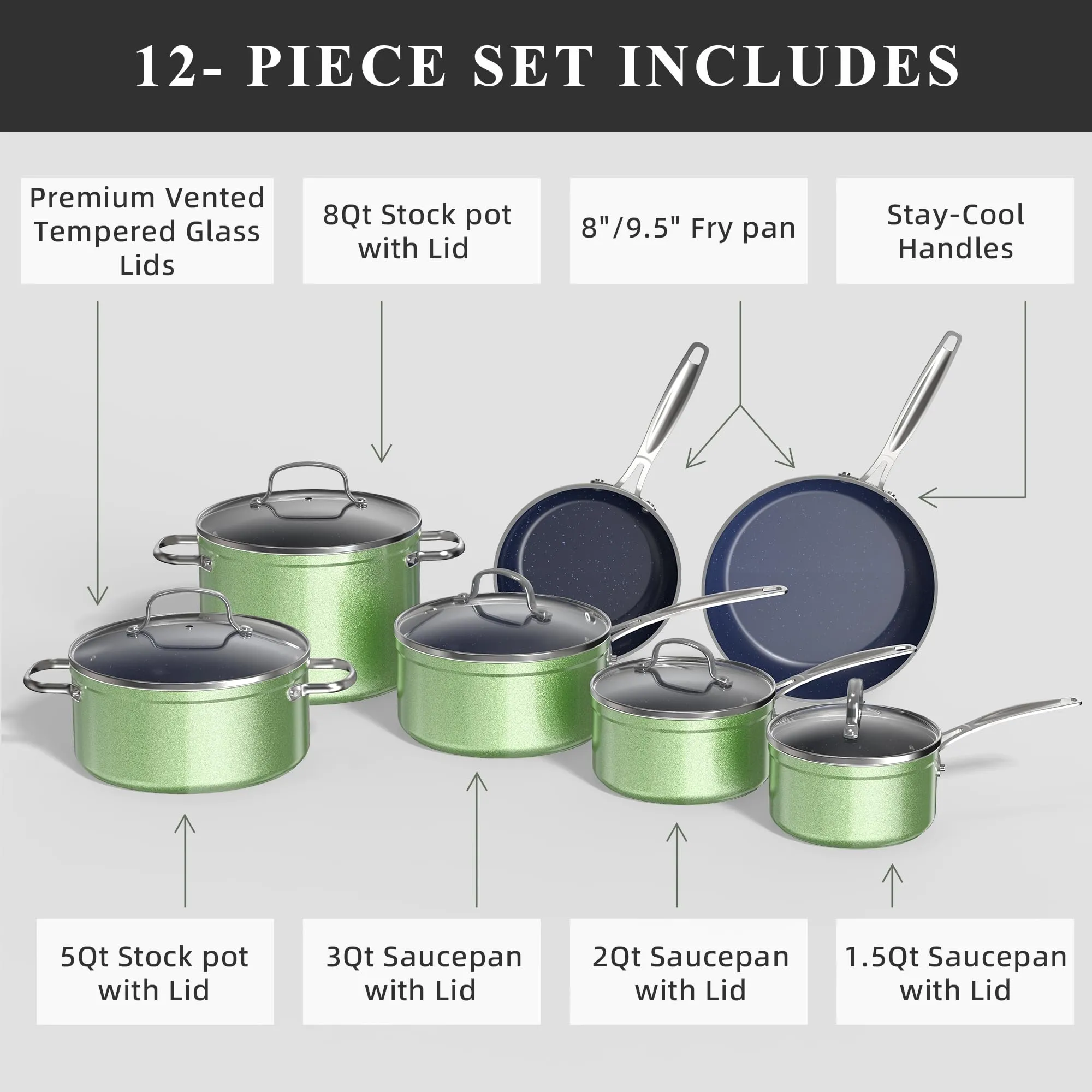 Healthy Duralon Blue Ceramic Nonstick Cookware Set, Diamond Infused Scratch-Resistant, PFAS Free