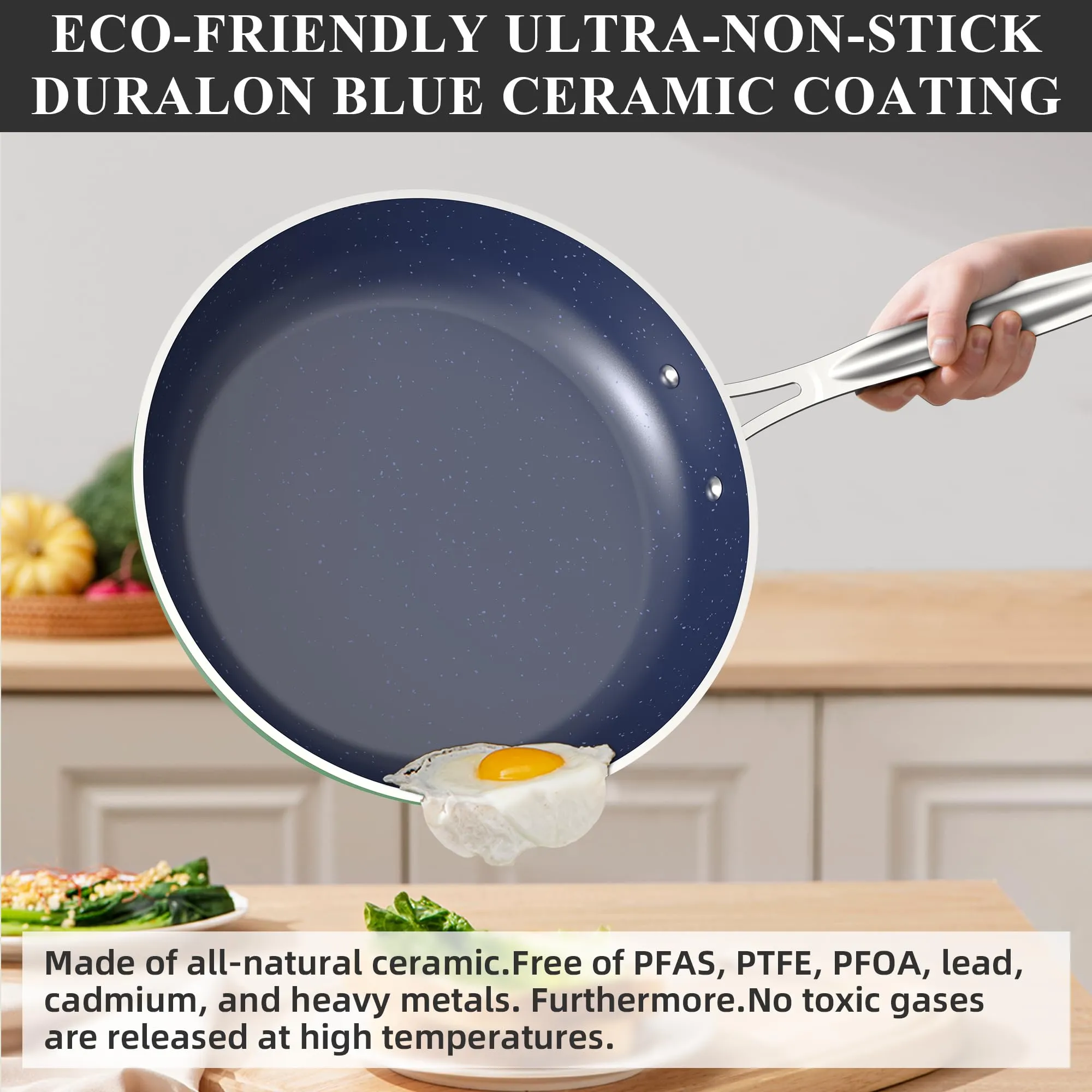 Healthy Duralon Blue Ceramic Nonstick Cookware Set, Diamond Infused Scratch-Resistant, PFAS Free