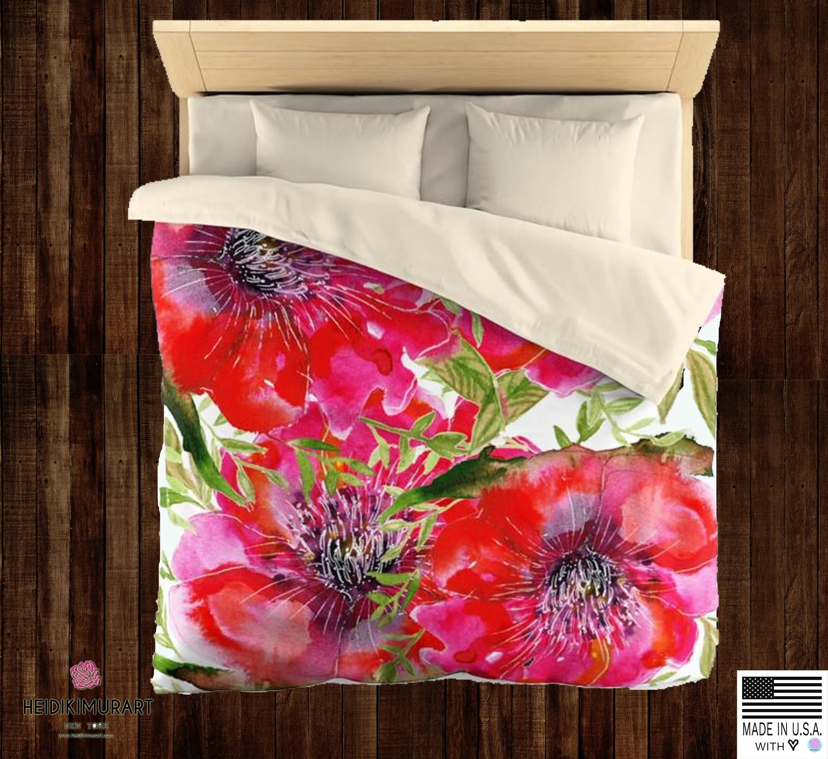 Hot Red Hibiscus Flower Floral Print Soft Polyester Microfiber Duvet Cover - Made in USA