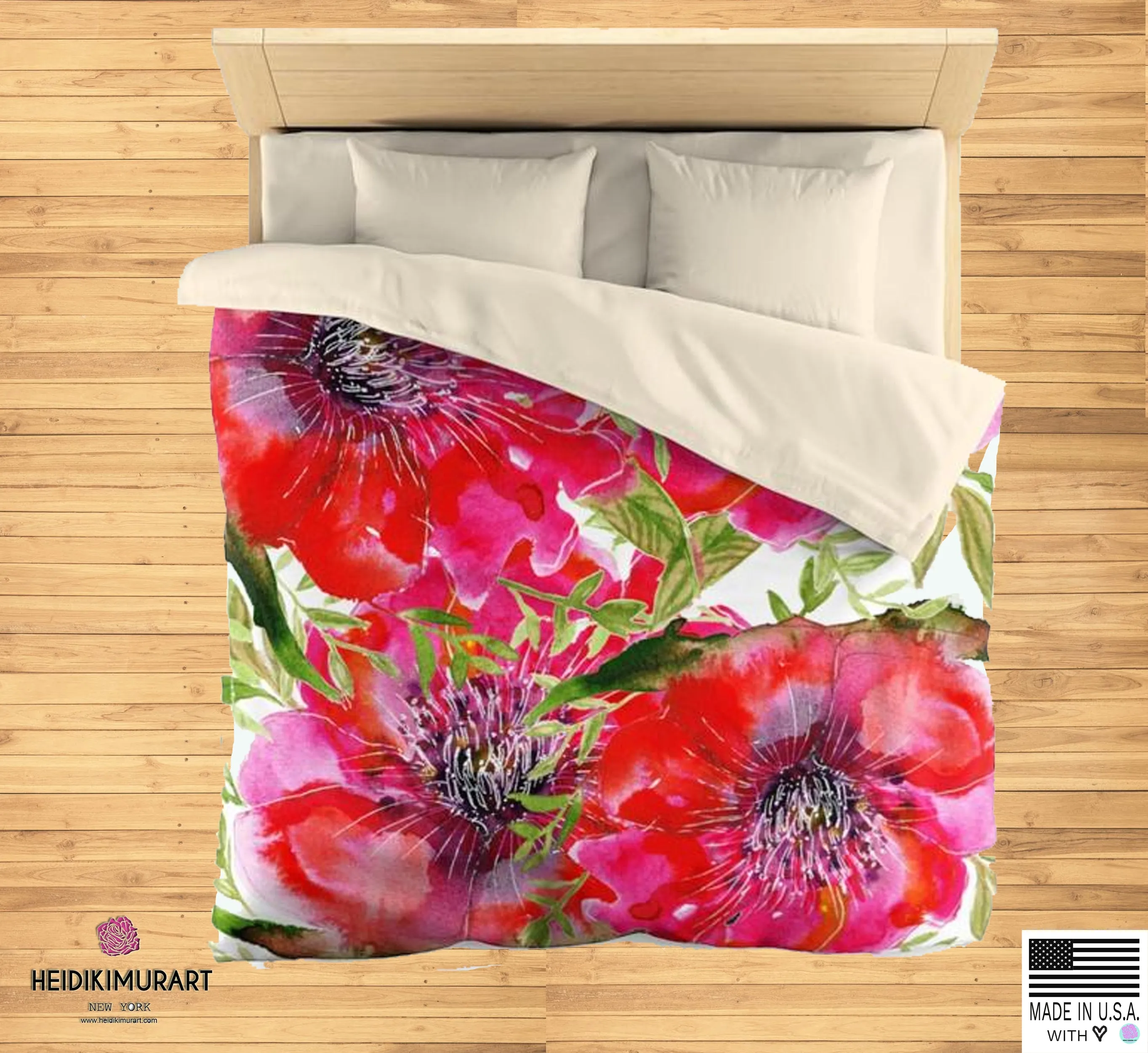 Hot Red Hibiscus Flower Floral Print Soft Polyester Microfiber Duvet Cover - Made in USA