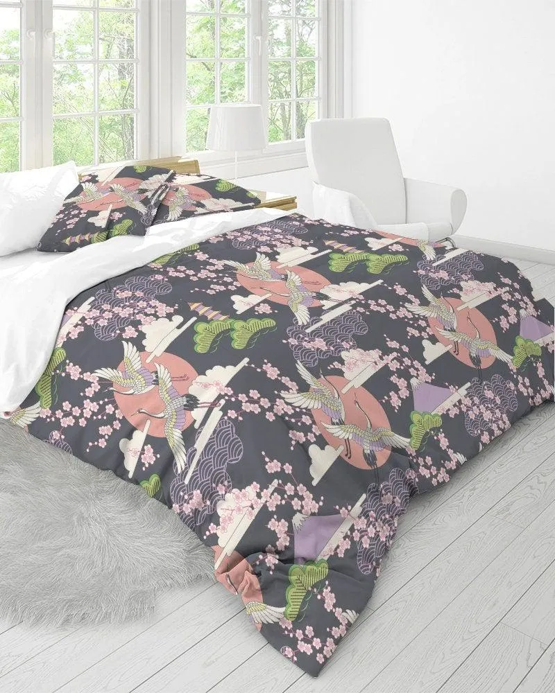 Japanese Grey Duvet Cover Set, Crane Bird & Cherry Blossoms Design Bedding Set with Pillow Cover Case