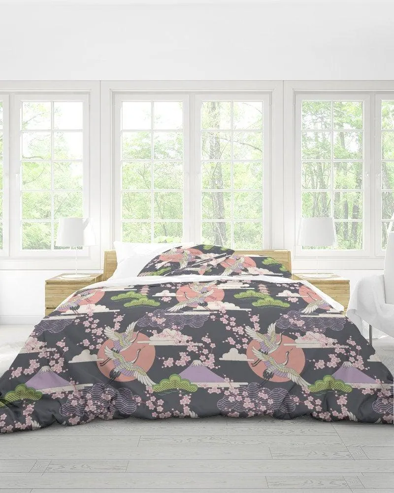 Japanese Grey Duvet Cover Set, Crane Bird & Cherry Blossoms Design Bedding Set with Pillow Cover Case