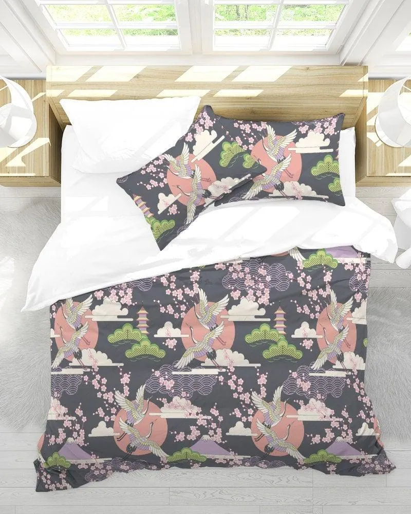 Japanese Grey Duvet Cover Set, Crane Bird & Cherry Blossoms Design Bedding Set with Pillow Cover Case