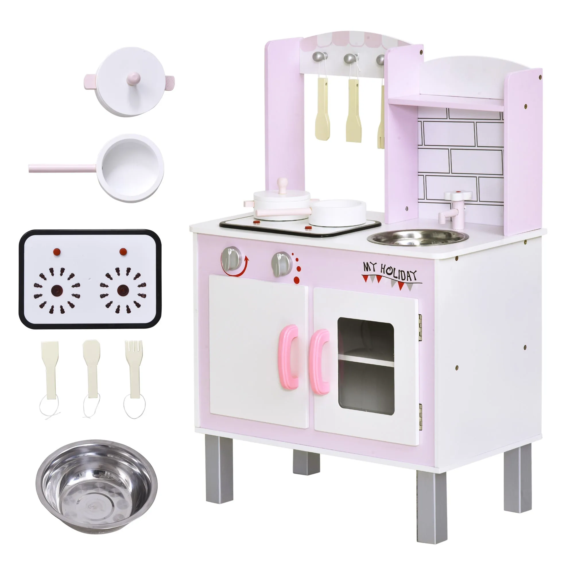 Kids Pretend Kitchen Playset w/ Cooking Toy Accessories - Pink