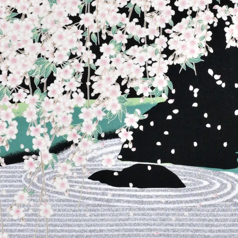 Kyo-Yuzen Dyeing Tenugui Towel (Japanese Hand Towel) - Kyoto Zen Rock Garden and Weeping Cherry Blossom -, Made in Kyoto, Japan