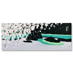 Kyo-Yuzen Dyeing Tenugui Towel (Japanese Hand Towel) - Kyoto Zen Rock Garden and Weeping Cherry Blossom -, Made in Kyoto, Japan